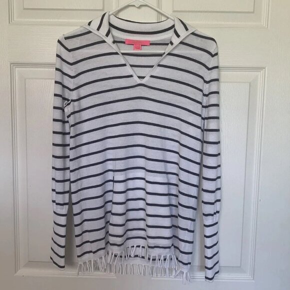 Lilly Pulitzer XS Crestwood Sweater Resort White Navy Maritime Stripe Fringe - Picture 1 of 8